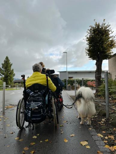 am Arbeitsplatz begleitet er Clienten am Rollstuhl - der Liebling der Institution